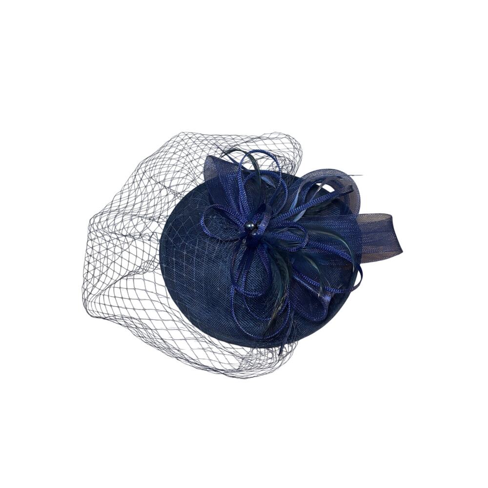 Navy Blue Fascinator Hat with Veil Feather Ribbon Headband Derby